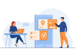 People using online appointment and booking app. Mean and woman planning meeting, setting date in mobile interface. Vector illustration for business, internet technology concept